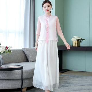 3/4-sleeve Traditional Chinese Embroidered Top / Chiffon Pants
