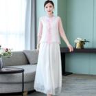 3/4-sleeve Traditional Chinese Embroidered Top / Chiffon Pants
