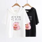 Short-sleeve Pig Print Hooded T-shirt