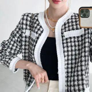 Weave-panel Open Tweed Cardigan