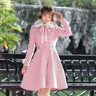Embroidered Bow Accent Long-sleeve A-line Coat Dress