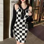 Long-sleeve Checkered Cutout Mini Dress