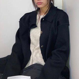 Long-sleeve Polo-collar Plain Ribbed Cardigan