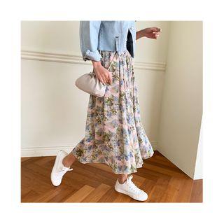 Floral Chiffon Long Full Skirt Light Pink - One Size