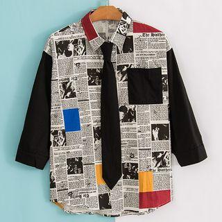 Set: 3/4-sleeve Newspaper Print Shirt + Tie
