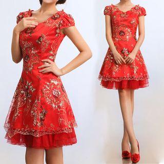 Embellished Cap Sleeve A-line Cocktail Dress