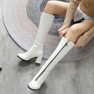 Faux Leather Front-zip Block Heel Knee-high Boots