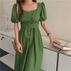 Puff-sleeve Square Neck Plain A-line Midi Dress