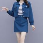 Cropped Denim Jacket / Mini A-line Skirt / Sleeveless Striped Top