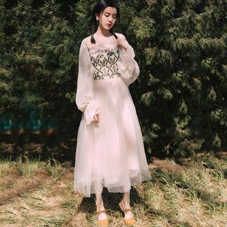 Spaghetti-strap Embroidered Mesh Dress / Light Jacket / Set