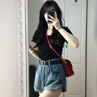 Short-sleeve Plain T-shirt / High Waist Denim Shorts / Set