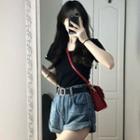 Short-sleeve Plain T-shirt / High Waist Denim Shorts / Set