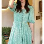 Short-sleeve Floral Lace Up Dress Green - One Size