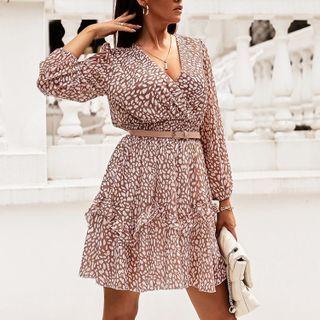 Long Sleeve V-neck Print Ruffle Dress