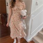 Short-sleeve Ruffle Trim Drawstring Floral Dress