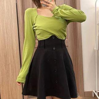 Long-sleeve Cut-out T-shirt / Button-up Mini A-line Skirt