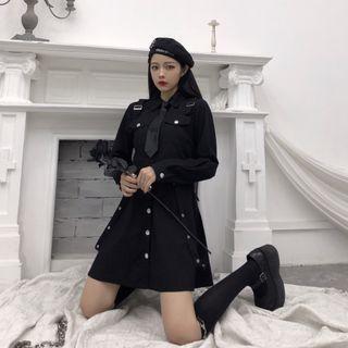 Pocket Detail Long-sleeve Mini Collared A-line Dress