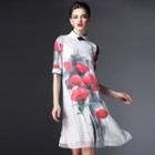 Floral Print Stand Collar Midi Dress