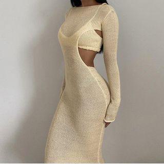 Set: Long-sleeve Sheath Dress + Crop Top