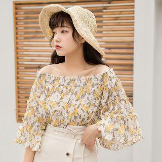 Set: Off-shoulder Floral Chiffon Top + Tube Top