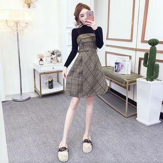 Plaid Strappy A-line Dress / Mock Neck Long-sleeve Top / Set