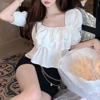 Puff-sleeve Square Neck Chiffon Blouse