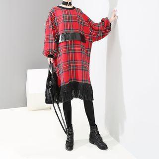 Fringed Hem Plaid Knitted Pullover Dress Red - One Size