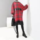 Fringed Hem Plaid Knitted Pullover Dress Red - One Size