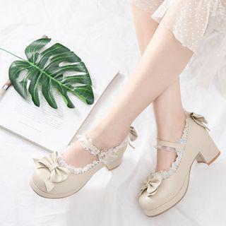 Lace Trim Bow Chunky Heel Mary Jane Sandals