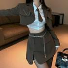 Cropped Blazer / Neck Tie Shirt / A-line Skirt