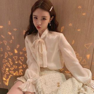 Flared-cuff Tie-neck Blouse