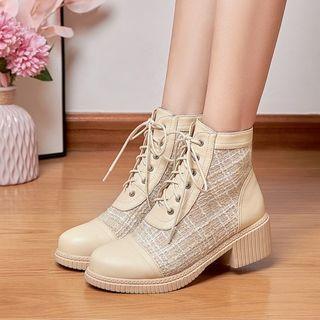 Chunky Heel Lace-up Tweed Short Boots