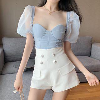 Puff-sleeve Mesh Panel Top / High-waist Rhinestone Double-breasted Shorts