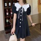 Short-sleeve Pleated Mini A-line Dress With Detachable Collar