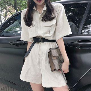 Elbow-sleeve Wide Leg Playsuit With Belt