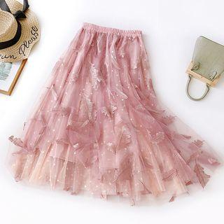 Feather Embroidered Mesh Skirt