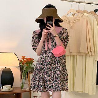 Short-sleeve Floral Print Mini Smock Dress Pink & Black - One Size