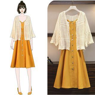 Set: Spaghetti Strap Midi A-line Dress + Crocheted Cardigan