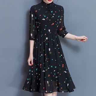 3/4-sleeve Printed Pleated Midi Dress