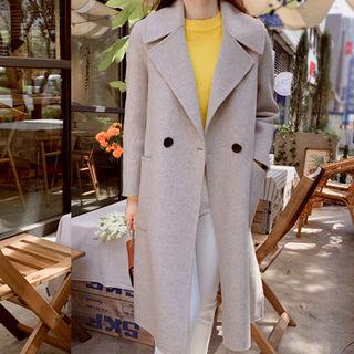 Double-breasted Slit-side Wool Coat Beige - One Size