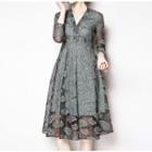 3/4-sleeve Leaf Patterned Midi A-line Mesh Dress
