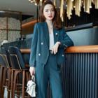 Double-breasted Plaid Blazer / Straight Leg Pants / Brooch / Set