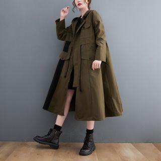 Hooded Drawstring Long Zip Cargo Coat