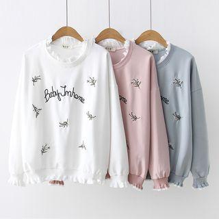 Ruffle Trim Floral Embroidered Pullover
