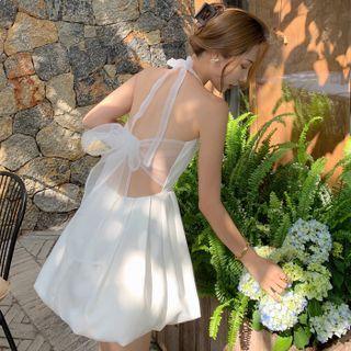 Mesh Panel Halter-neck Mini A-line Dress