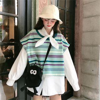 Long-sleeve Tie-neck Blouse / Striped Vest