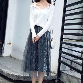 Set: V-neck Cold Shoulder Sweater + Sheer Panel Midi Skirt