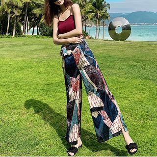 Plain Camisole Top / Print High Waist Wide Leg Pants