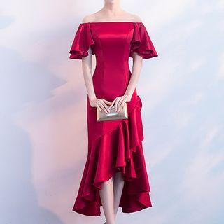 Off-shoulder Ruffled Midi Cocktail Dress