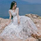 Sleeveless Ruffled Lace A-line Maxi Dress
